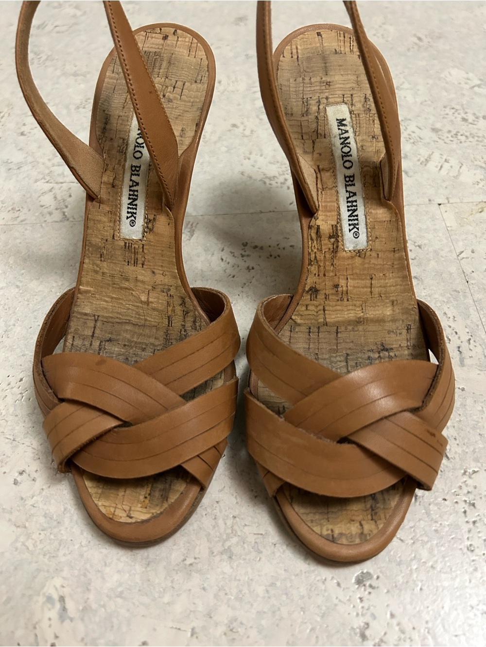 Manolo Blahnik Cognac Leather Woven Slingback Heels